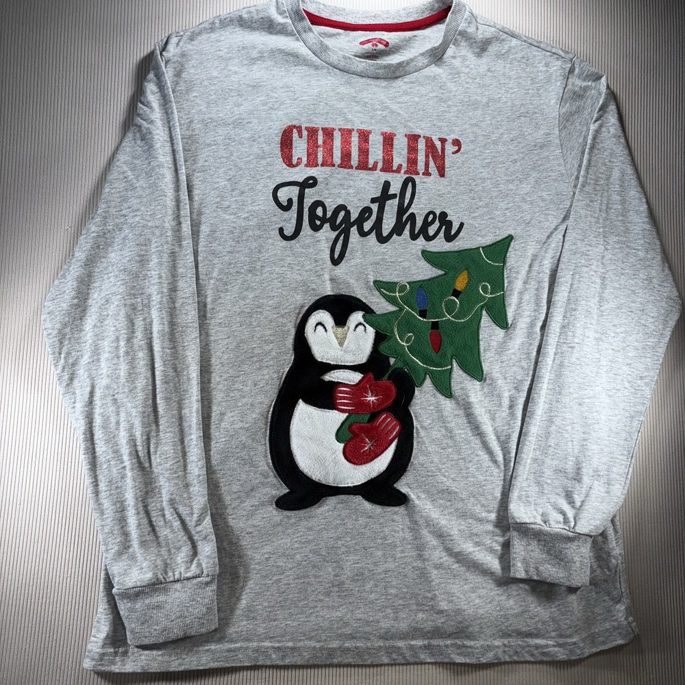 Chillin Together Penguin Holiday Time Tshirt Long Sleeve Gray Appliqué Large